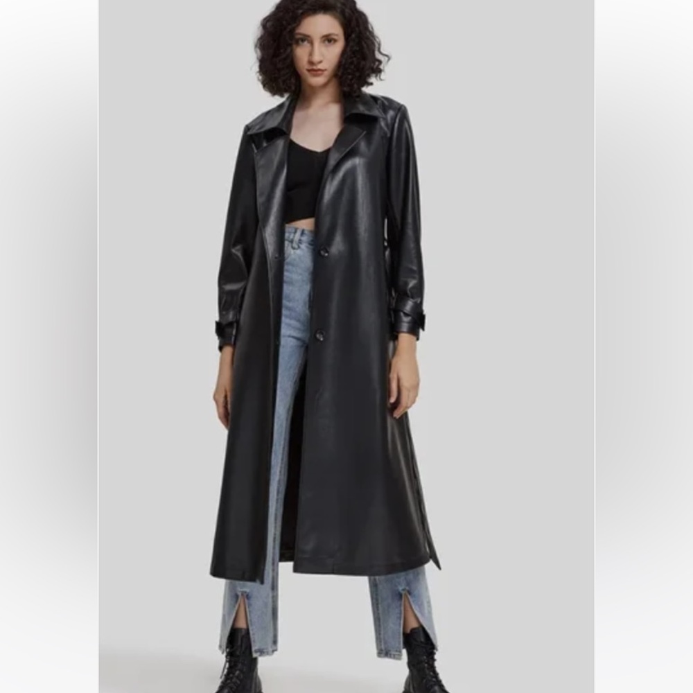 Lattelier Black Faux Leather Trench Coat